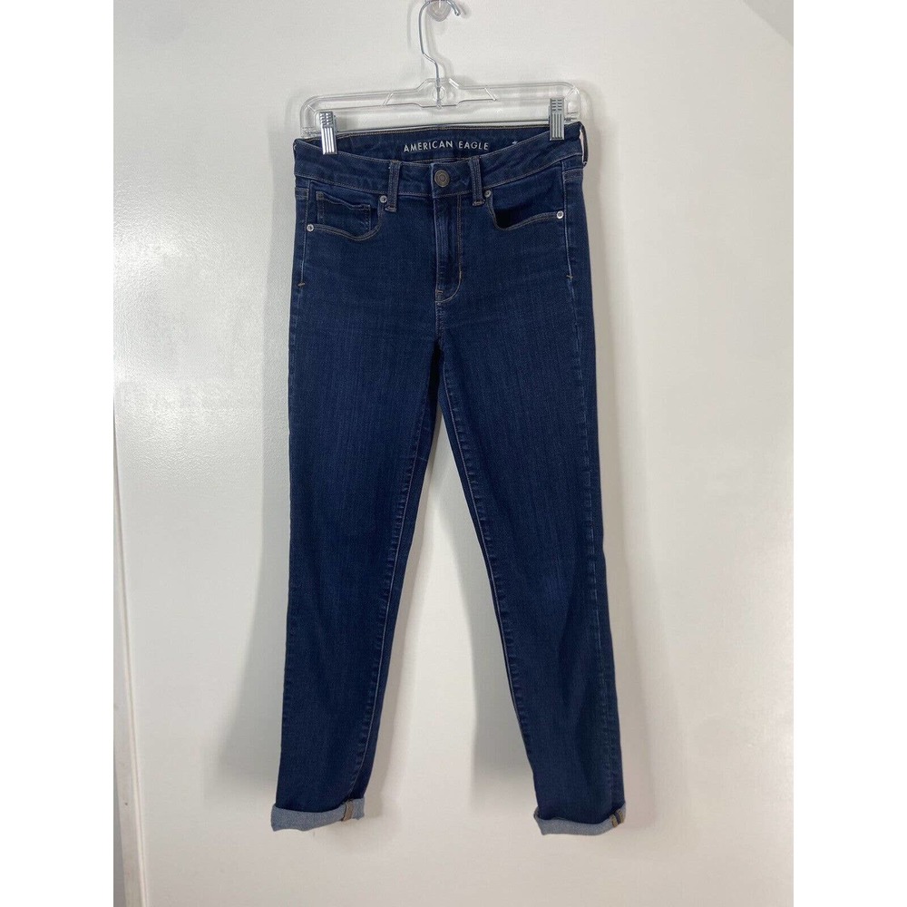 American Eagle Stretch High Rise Skinny Jeans Womens Size 4 Dark Wash Roll Hem